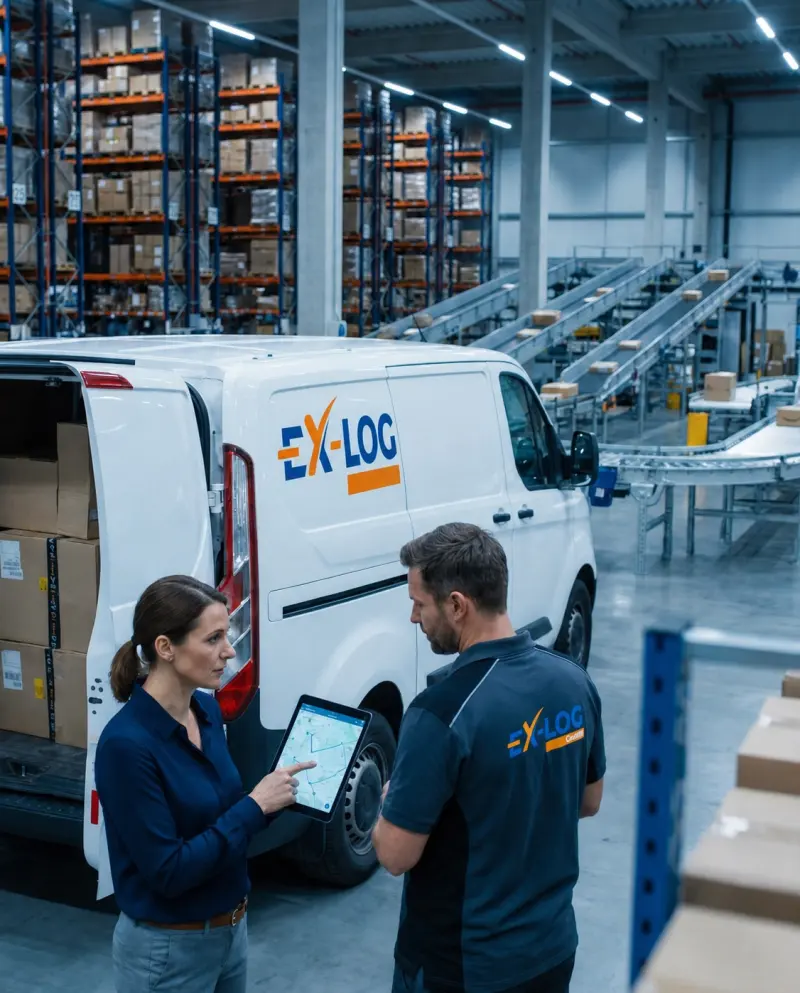 Zwei Ex-Log-Mitarbeitende planen eine Tour am Tablet im Lager
