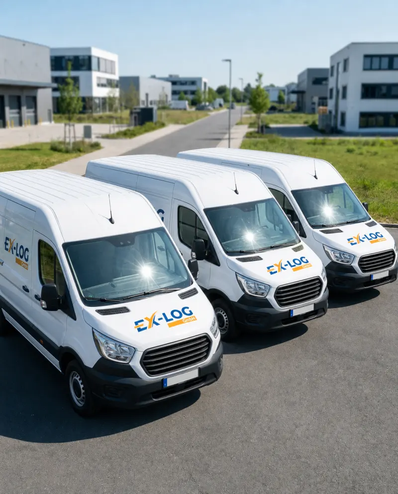 Drei weiße Ex-Log-Transporter vor einem Bürogebäude