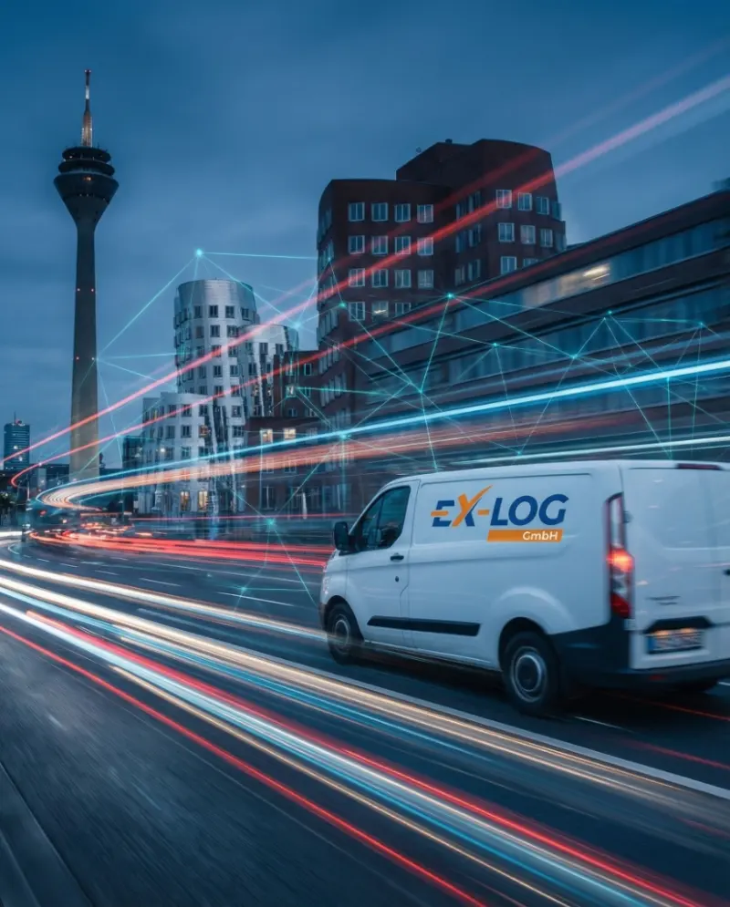 Ex-Log-Transporter bei Nacht in Düsseldorf vor dem Rheinturm