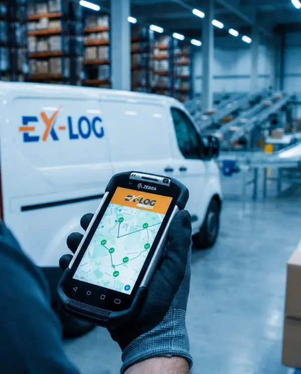 Handscanner mit Tourenansicht vor einem Ex-Log-Transporter