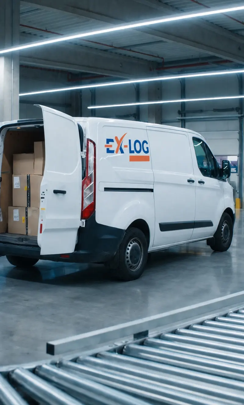 Ex-Log-Transporter mit geöffneter Hecktür an einer Förderanlage