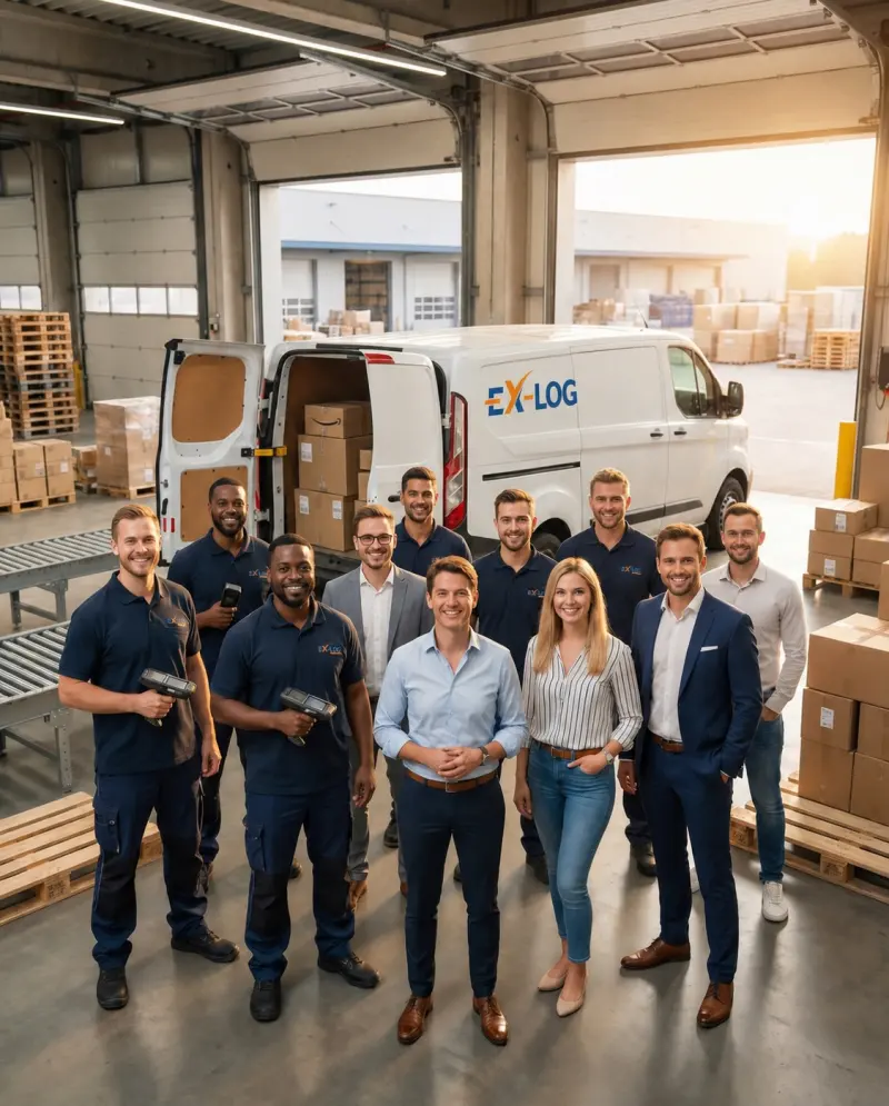 Das Ex-Log-Team vor einem Transporter in der Halle